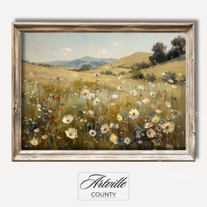 Vintage Floral Landscape Print Countryside Wall Art Antique Spring Printable Wildflower Painting Cottagecore Spring Decor Digital Download