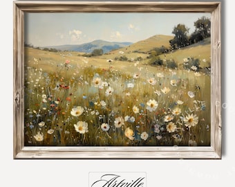 ヴィンテージの花柄風景画、田舎風ウォールアート、アンティークな春のプリント、ワイルドフラワーの絵画、コテージコアの春の装飾、デジタルダウンロード