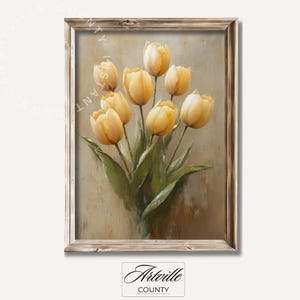 Printable Yellow Tulip Painting, Vintage Botanical Print, Muted Botanical Wall Art, Farmhouse Spring Decor, Flowers Bloom Digital Download