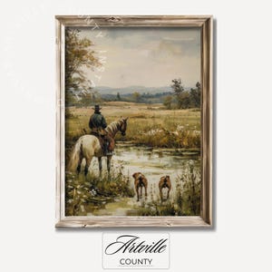 Printable Vintage Hunting Art, Antique Horse Print, Equestrian Wall Art, Vintage Landscape Oil Painting, Hunting Dogs Print Digital Download