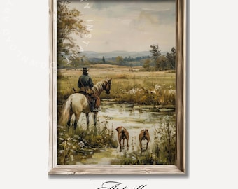 Printable Vintage Hunting Art, Antique Horse Print, Equestrian Wall Art, Vintage Landscape Oil Painting, Hunting Dogs Print Digital Download