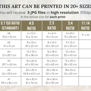 Puede incluir: Una tabla de tama&ntilde;os de impresi&oacute;n de arte, con proporciones 5:7, 4:5, 2:3, 3:4 y 11:14. Los tama&ntilde;os se muestran en cent&iacute;metros y pulgadas, desde A6 (10,5 x 15 cm) hasta A1 (59,4 x 84,1 cm). Incluye 5 archivos JPG de alta resoluci&oacute;n.