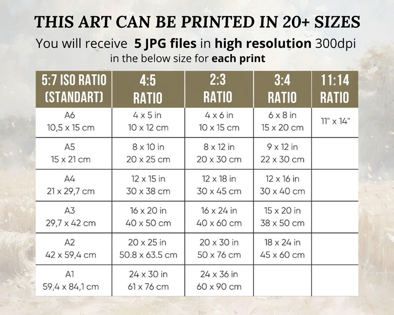 Puede incluir: Una tabla de tama&ntilde;os de impresi&oacute;n de arte, con proporciones 5:7, 4:5, 2:3, 3:4 y 11:14. Los tama&ntilde;os se muestran en cent&iacute;metros y pulgadas, desde A6 (10,5 x 15 cm) hasta A1 (59,4 x 84,1 cm). Incluye 5 archivos JPG de alta resoluci&oacute;n.
