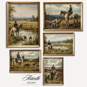 Vintage Hunting Gallery Wall Set, Printable Antique Horse Prints, Equestrian Wall Art Bundle Vintage Landscape Oil Painting Hunting Dogs Art