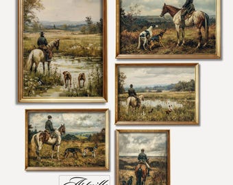 Pode incluir: Cinco pinturas emolduradas que retratam cenas de equitação em uma paisagem rural. As pinturas apresentam cavaleiros com trajes de caça tradicionais, acompanhados por cães, e com um fundo de colinas, árvores e um riacho.