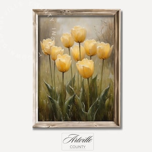 May include: A painting of a bouquet of yellow tulips in a rustic wooden frame. The tulips are in various stages of bloom, with some fully open and others still in bud. The background is a soft, muted green and brown.