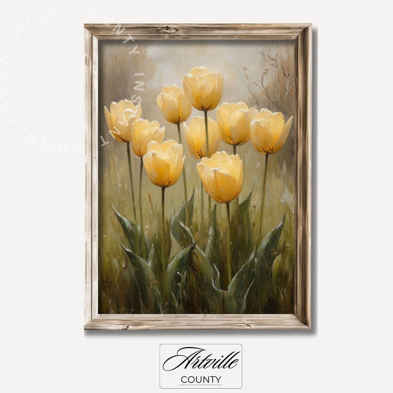 May include: A painting of a bouquet of yellow tulips in a rustic wooden frame. The tulips are in various stages of bloom, with some fully open and others still in bud. The background is a soft, muted green and brown.