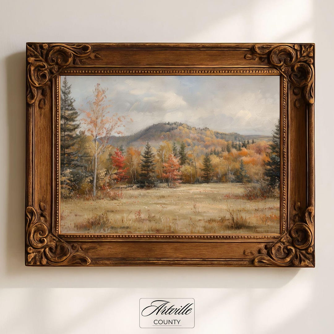 Printable Fall Landscape Painting, Rustic Autumn Forest Wall Art ...