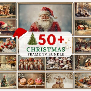 May include: A collection of framed Christmas-themed digital art prints. The images include Santa Claus, snowy landscapes, festive decorations, and holiday treats. The text on the image reads "50+ CHRISTMAS FRAME TV BUNDLE".