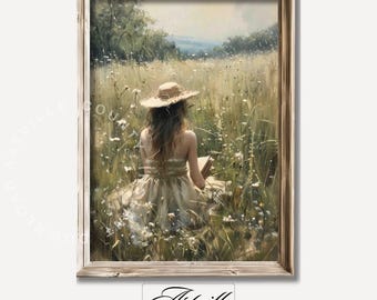Vintage Girl in FIeld Painting, Printable Spring Nature Wall Art, Countryside Print, Farmhouse Wall Decor, Cottagecore Art, Digital Download