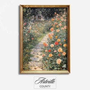 Antique Cottage Garden Painting, Printable Wildflowers Wall Art, Spring Floral Porch Print, Vintage Country House Decor, Digital Download