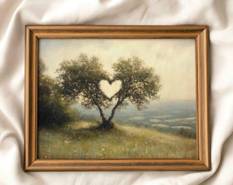 Heart Shape Tree Wall Art, Printable Spring Landscape Painting, Romantic Valentines Decor, Digital Download