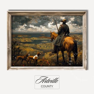 Printable Vintage Hunting Art, Antique Horse Print, Equestrian Wall Art, Vintage Landscape Oil Painting Foxhound Dogs Print Digital Download