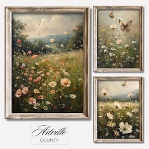 Druckbare Frühling Wildblumen Kunst, 3er-Set, Landschaft Malerei, Natur Galerie Wandset, Schmetterling Kunstdrucke, digitaler Download