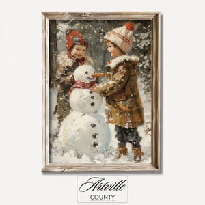 Kids Building Snowman Print, Christmas Wall Art, Vintage Christmas Painting, Printable Snowman Art, Winter Holiday Decor, Digital Download