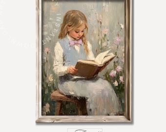 ヴィンテージの読書中の少女の絵画、印刷可能な自然のアートワーク