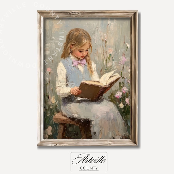 ヴィンテージの読書中の少女の絵画、印刷可能な自然のアートワーク