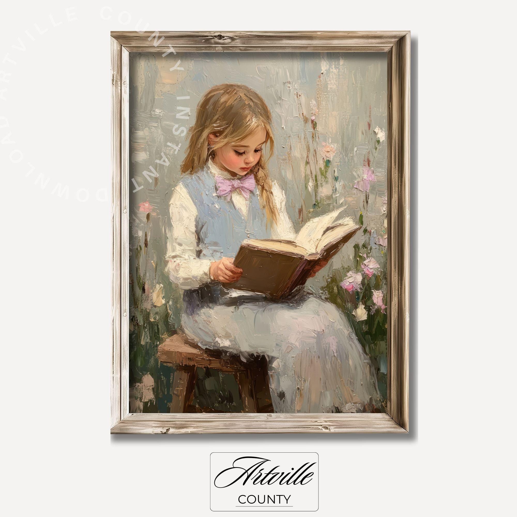ヴィンテージの読書中の少女の絵画、印刷可能な自然のアートワーク