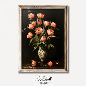 Moody Tulips Printable Wall Art, Vintage Dark Oil Painting, Floral Art Print, Farmhouse Decor, Victorian Flower Print, Digital Download
