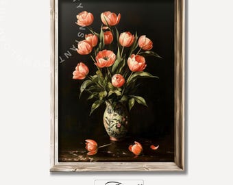 Moody Tulips Printable Wall Art, Vintage Dark Oil Painting, Floral Art Print, Farmhouse Decor, Victorian Flower Print, Digital Download