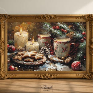 Weihnachtsplätzchen Kunstdruck, Festlich gedeckter Tisch Wandkunst, Stillleben Getränk Druck, Weihnachtskerzen Gemälde, Winterurlaub Dekor, digitaler Download