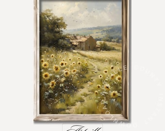 Druckbare Sonnenblumenfeld Landschaftsmalerei, Vintage Cottage Druck, Bauernhaus Wandkunst, Landschaft Ölgemälde, Cottagecore Kunstdruck,