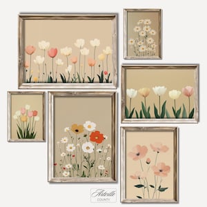 Minimalist Floral Gallery Wall Set of 6, Vintage Flower Wall Art, Neutral Pastel Botanical Print, Cottagecore Wall Decor, Digital Download