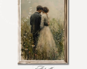 Printable Romantic Couple Painting, Love and Passion Wall Art, Vintage Wildflower Print, Farmhouse Decor Art, Retro Soldier Digital Art