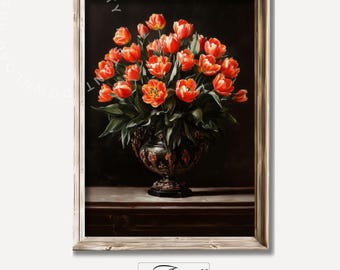 Moody Vintage Tulips Wall Art, Printable Dark Floral Painting, Flowers Art Print, Farmhouse Spring Decor, Vintage Vase Art, Digital Download