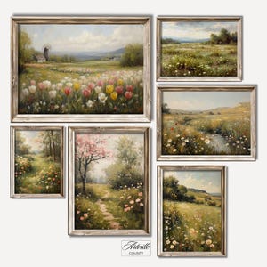 Set of 6 Vintage Spring Landscape Prints Countryside Floral Painting Printable Farmhouse Wall Art Antique Cottagecore Decor Digital Download
