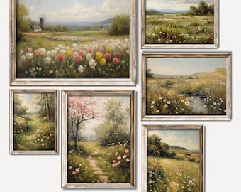 May include: A set of six framed landscape paintings featuring various scenes of fields with wildflowers and trees. The paintings are in a rustic, distressed white frame.