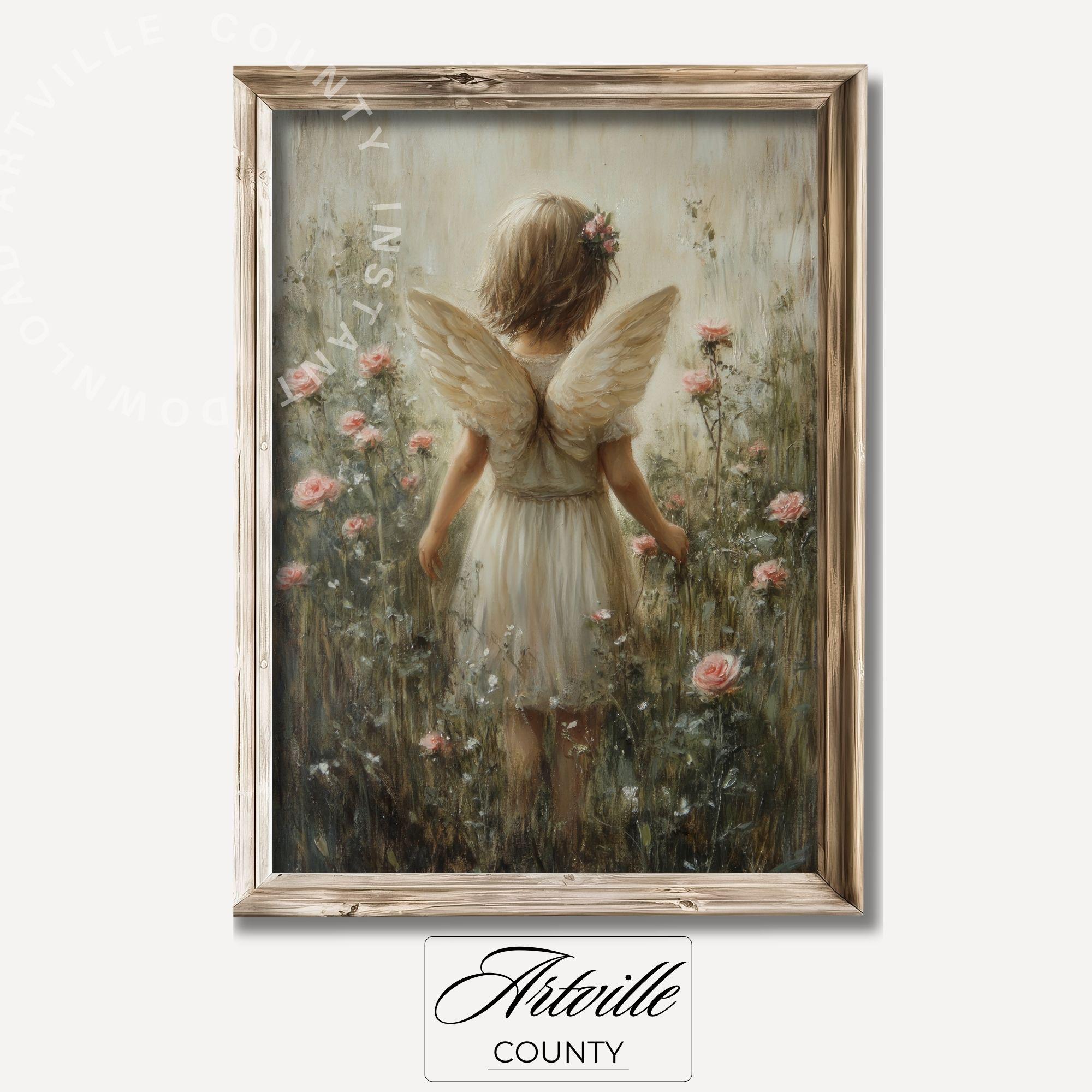 Printable Baby Angel Wall Art, Cute Angel Girl Print, Nature Wall Art, Neutral Nursery Decor, Vintage Floral Painting Digital Download