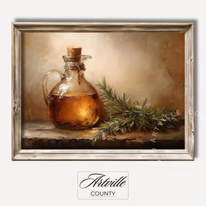 Vintage Olive Oil & Herbs Painting, Printable Cottage Kitchen Wall Art, Still Life Print, Antique Farmhouse Kitchen Decor, Digital Download