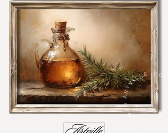 Vintage Olive Oil & Herbs Painting, Printable Cottage Kitchen Wall Art, Still Life Print, Antique Farmhouse Kitchen Decor, Digital Download
