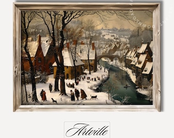 Snowy Country Landscape Painting, Winter Cottage Print, Antique Winter Wall Art, Printable Rustic Town Art, Christmas Decor Digital Download