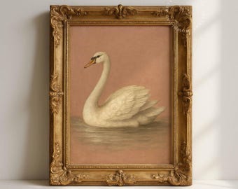 May include: A framed vintage painting of a white swan on water. The swan has a curved neck against a muted pink background. The ornate gold frame adds a classic touch to the artwork. The painting is in a gold frame.