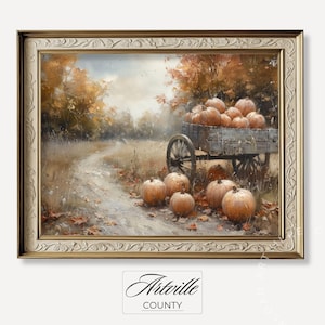 Pompoenkar herfstprint, rustieke herfstdecoratie in boerderijstijl, vintage pompoendecoratie, schilderij van een landelijk herfstlandschap, digitale download