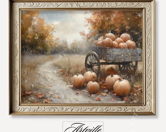 Pumpkin Cart Autumn Print, Rustic Fall Farmhouse Wall Art, Vintage Pumpkin Decor, Countryside Fall Landscape Painting, Digital Download Art