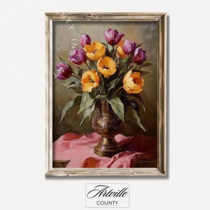 Moody Spring Flowers Wall Art, Printable Dark Painting, Floral Art Print, Farmhouse Decor, Vintage Tulip Bouquet Print, Digital Download