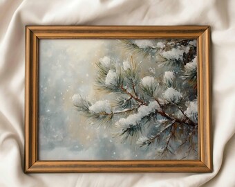 Snowy Pine Tree Winter Print, Frosty Forest Wall Art, White Woodland Painting, Farmhouse Winter, Cottagecore Holiday Decor, Digital Download
