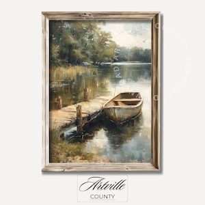 May include: A painting of a wooden dock with a weathered rowboat tied to it. The boat is on a calm lake with green trees in the background. The painting is framed in a rustic wooden frame.