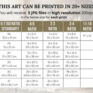 May include: An image with text detailing print sizes for art. The text includes size ratios such as 5:7, 4:5, 2:3, 3:4, and 11:14, with corresponding dimensions in inches and centimeters. The image also states that you will receive 5 JPG files in high resolution.