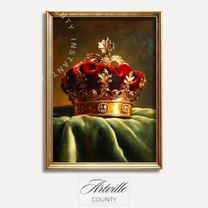Printable Royal Crown Painting, Baroque Gold and Velvet Wall Art, Regal Crown Still Life Print, Vintage Royalty Wall Decor, Digital Download