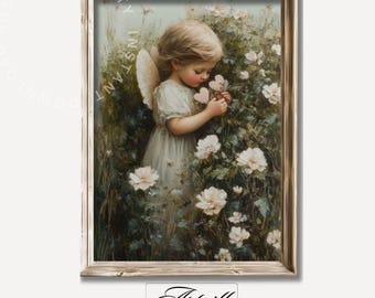 Adorable Angel Child Wall Art Cute Angel Girl Print Neutral Nursery Decor Printable Flowers Artwork Vintage Floral Painting Digital Download