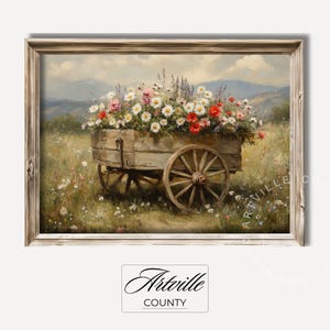 Afdrukbare Wildflower Cart Wall Art Lentebloemen Print Land Landschapsschilderkunst Vintage Bloemenprint Boerderij Decor Digitale Download