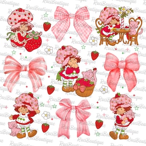 Fresa y sus amigos (Png), Dibujos animados de niña dulce con bayas, Lazos coquetos (Png), Vibras navideñas 2025, Personaje de fresa de dibujos animados de los 80 (Png)