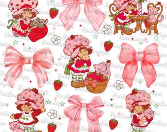 Strawberry and Friends Png, Berry Sweet Girl Cartoon Kids, Coquette Bows Png, Holiday 2025 Vibes, Cartoon Strawberry Character 80s Png