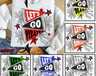 Personalized Coquette Let&#39;s Go Flag Png Bundle, Checkered Game Day, Mascot Team Flag, Sport Team/School/Teacher Png, Retro Pennant Cheer Png