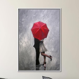 Romantic Couple Art, Couple With Red Umbrella, Couple Canvas Decor, Gift for Couple, Valentines Day Gift, Valentine Art Decor,Framed Canvas