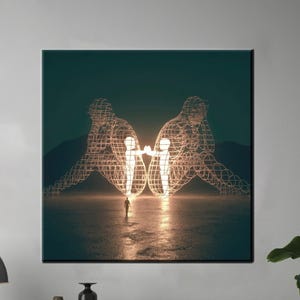 May include: A square canvas print featuring a surreal digital art scene. Two large, wireframe figures face each other, with glowing figures between them. A small figure stands in the foreground, illuminated by the light. The background is a dark, moody landscape.